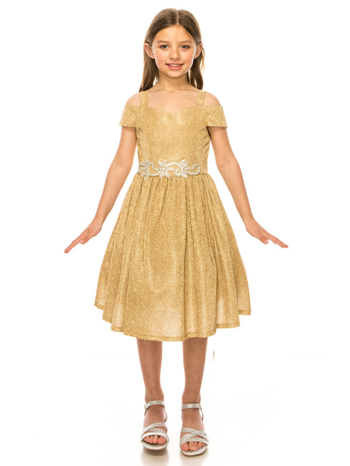 Girls Champagne Sparkling Off Shoulder Flower Girl Dress 4-16 - SophiasStyle.com model front