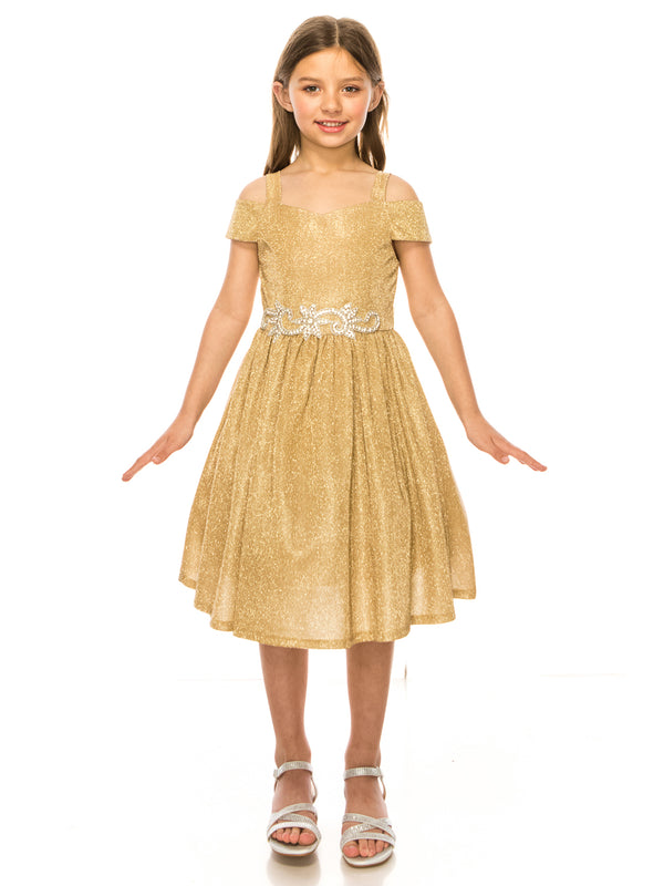 Girls Champagne Sparkling Off Shoulder Flower Girl Dress 4-16 - SophiasStyle.com model front