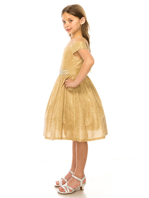 Girls Champagne Sparkling Off Shoulder Flower Girl Dress 4-16 - SophiasStyle.com model side
