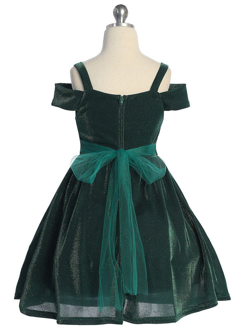 Girls Hunter Green Sparkling Off Shoulder Flower Girl Dress 4-16 back SophiasStyle.com