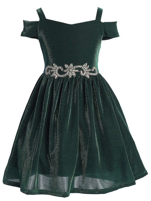 Girls Hunter Green Sparkling Off Shoulder Flower Girl Dress 4-16 front SophiasStyle.com