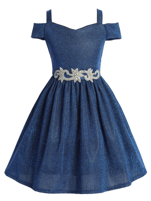 Girls Royal Blue Sparkling Off Shoulder Flower Girl Dress 4-16 front SophiasStyle.com