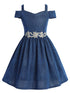Girls Royal Blue Sparkling Off Shoulder Flower Girl Dress 4-16 front SophiasStyle.com