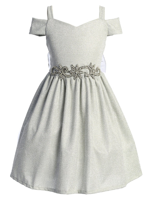 Girls Silver Sparkling Off Shoulder Flower Girl Dress 4-16 front SophiasStyle.com