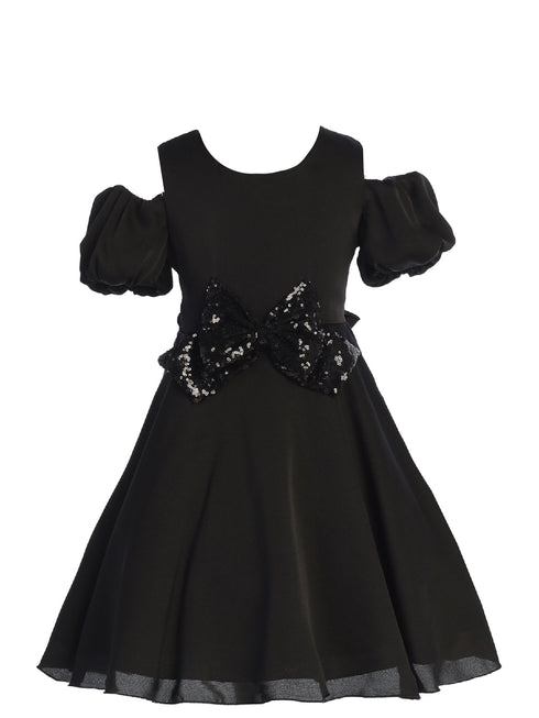 Girls Black Sequin Ribbon Off Shoulder Flower Girl Dress 4-14 SophiasStyle.com front