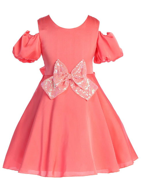 Girls Coral Sequin Ribbon Off Shoulder Flower Girl Dress 4-14 SophiasStyle.com front