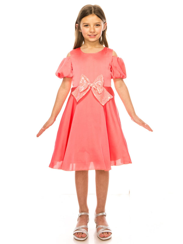 Girls Coral Sequin Ribbon Off Shoulder Flower Girl Dress 4-14 SophiasStyle.com