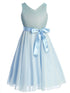 Girls Blue Glitter V Neckline Flower Girl Dress 4-14 front - SophiasStyle.com