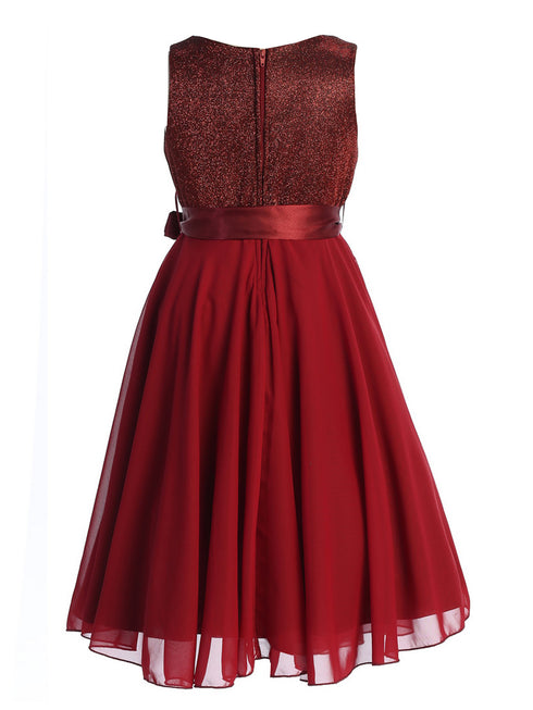 Girls Burgundy Glitter V Neckline Flower Girl Dress 4-14 back - SophiasStyle.com