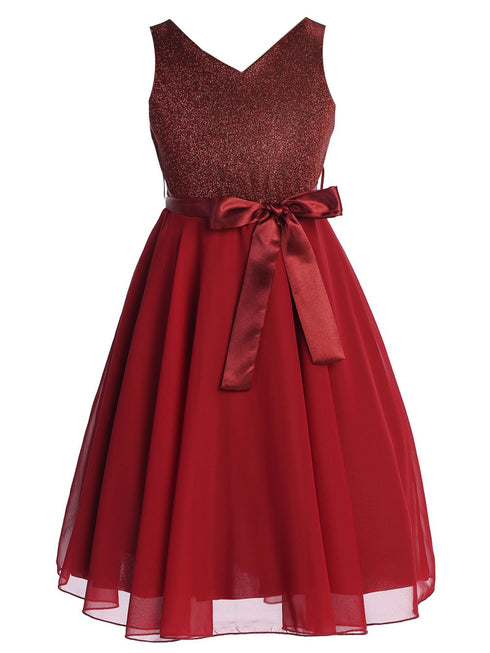Girls Burgundy Glitter V Neckline Flower Girl Dress 4-14 front - SophiasStyle.com