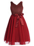 Girls Burgundy Glitter V Neckline Flower Girl Dress 4-14 front - SophiasStyle.com