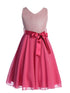 Girls Fuchsia Glitter V Neckline Flower Girl Dress 4-14 front - SophiasStyle.com