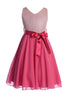 Girls Fuchsia Glitter V Neckline Flower Girl Dress 4-14 front - SophiasStyle.com