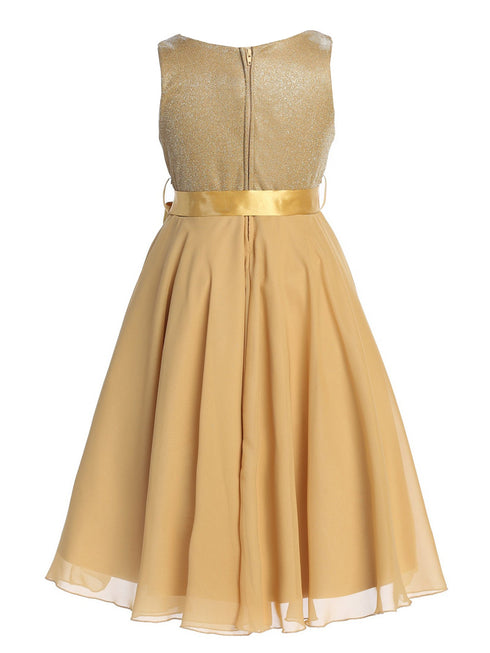 Girls Gold Glitter V Neckline Flower Girl Dress 4-14 back - SophiasStyle.com