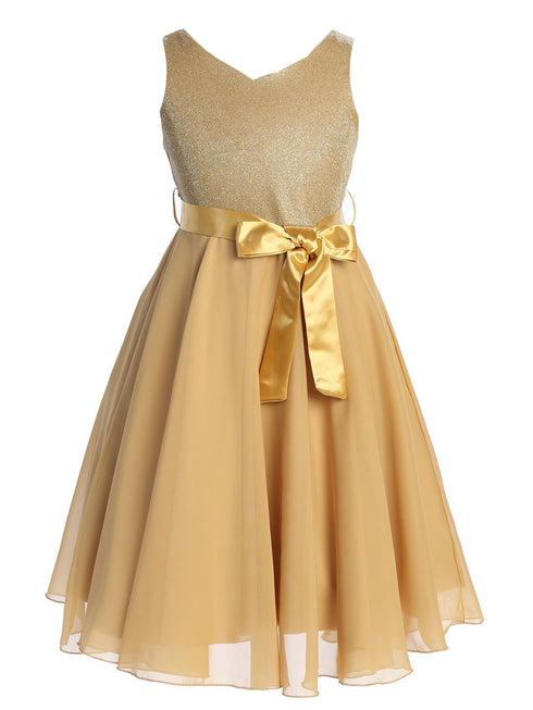 Girls Gold Glitter V Neckline Flower Girl Dress 4-14 front - SophiasStyle.com