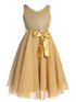Girls Gold Glitter V Neckline Flower Girl Dress 4-14 front - SophiasStyle.com