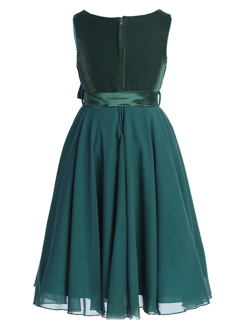 Girls Hunter Green Glitter V Neckline Flower Girl Dress 4-14 back - SophiasStyle.com
