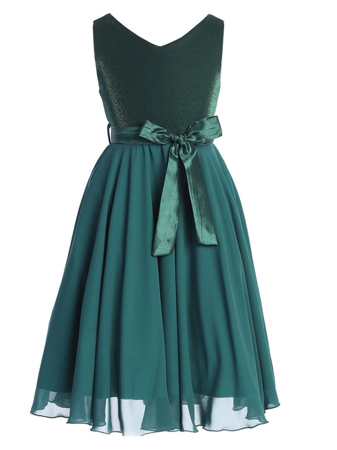 Girls Hunter Green Glitter V Neckline Flower Girl Dress 4-14 front - SophiasStyle.com