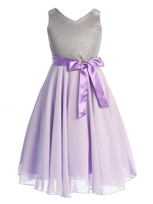 Girls Lilac Glitter V Neckline Flower Girl Dress 4-14 front - SophiasStyle.com