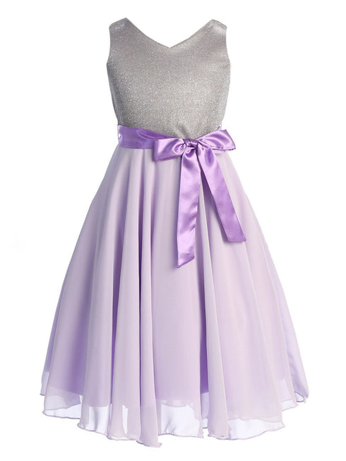 Girls Lilac Glitter V Neckline Flower Girl Dress 4-14 front - SophiasStyle.com