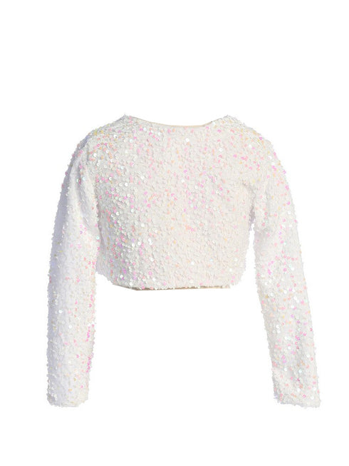 Girls White Sparkle Sequin Long Sleeve Velvet Bolero 2-14 back SophiasStyle.com