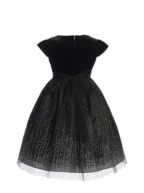 Girls Black V-Neck Velvet Short Sleeve Glitter Skirt Christmas Dress 2-14 back SophiasStyle.com