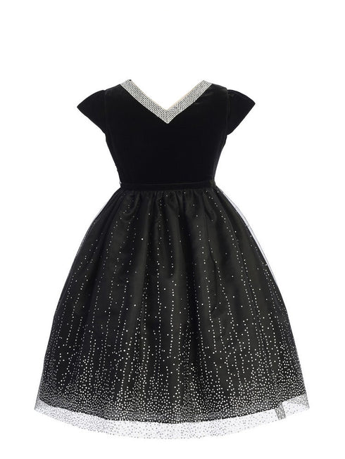 Girls Black V-Neck Velvet Short Sleeve Glitter Skirt Christmas Dress 2-14 front SophiasStyle.com