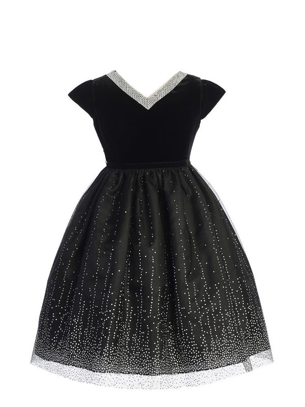 Girls Black V-Neck Velvet Short Sleeve Glitter Skirt Christmas Dress 2-14 front SophiasStyle.com