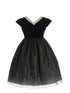 Girls Black V-Neck Velvet Short Sleeve Glitter Skirt Christmas Dress 2-14 front SophiasStyle.com