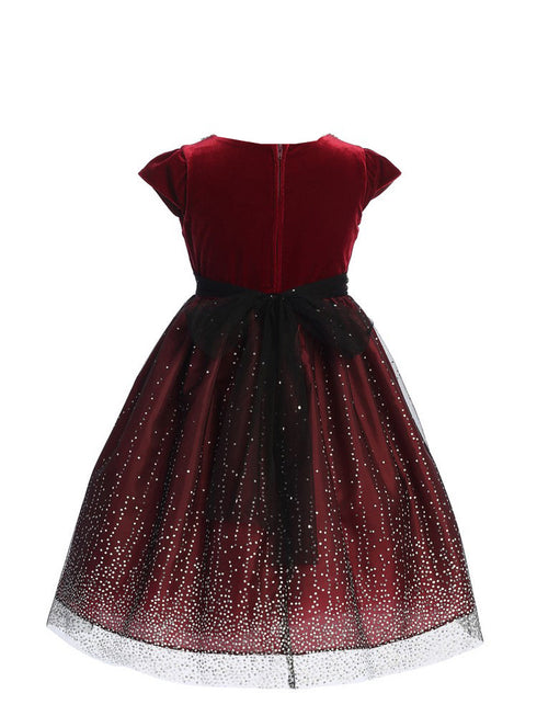 Girls Burgundy V-Neck Velvet Short Sleeve Glitter Skirt Christmas Dress 2-14 back SophiasStyle.com