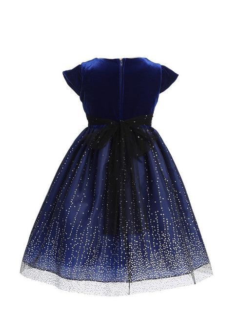Girls Royal Blue V-Neck Velvet Short Sleeve Glitter Skirt Christmas Dress 2-14 back SophiasStyle.com