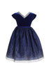 Girls Royal Blue V-Neck Velvet Short Sleeve Glitter Skirt Christmas Dress 2-14 front SophiasStyle.com