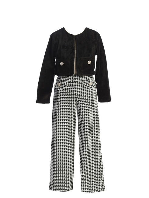 Girls Black Jacket Houndstooth Patterned Pants 2 Piece Winter Set 4-14 front SophiasStyle.com