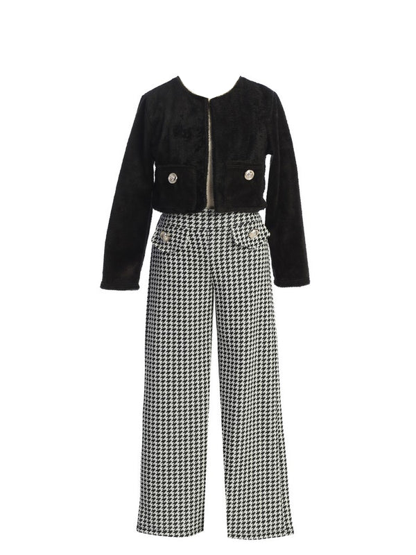 Girls Black Jacket Houndstooth Patterned Pants 2 Piece Winter Set 4-14 front SophiasStyle.com