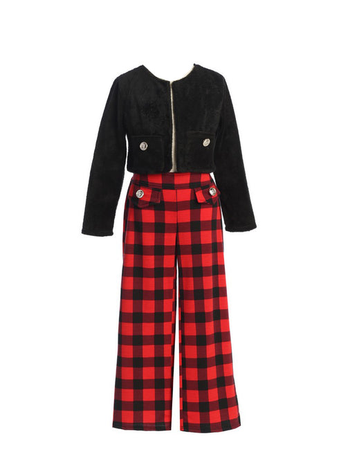 Girls Black Jacket Red Plaid Patterned Pants 2 Piece Winter Set 4-14 front SophiasStyle.com