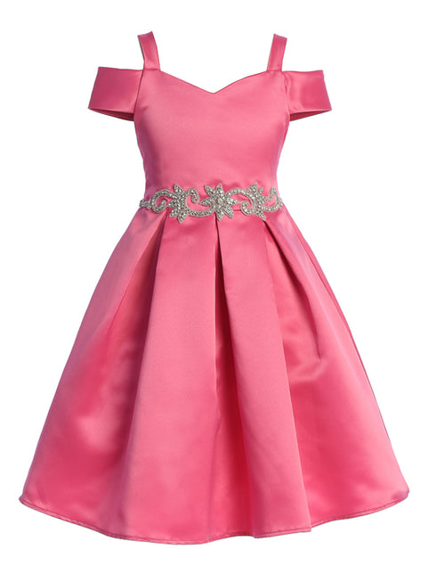 Satin Flower Girl Dress with Cold Shoulder and Pleated Skirt, Sizes 2-14 - SophiasStyle.com
