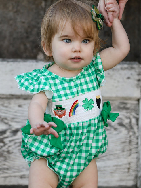 st-patricks-day-shamrock-smocking-embroidered-plaid-baby-girls-romper Rylee-Faith-Designs-Sophia's StyleRomper-1