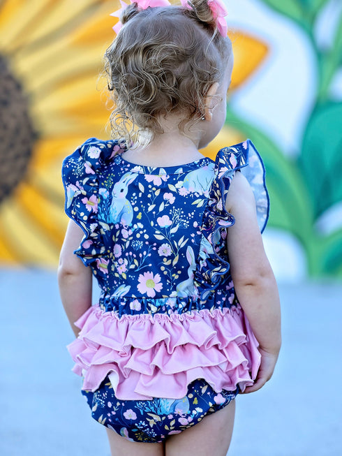 Teal Easter Bunny Garden Ruffle Sleeve Baby Girls Romper