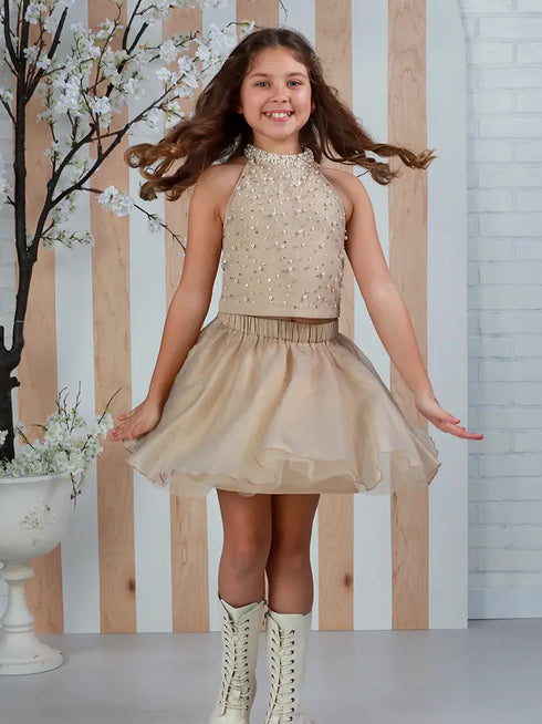 Girls Kenna Pearl Gold Embellished Skirt Set 12 Months-14