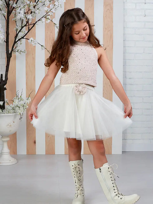 Kenna Girls Pink Tweed Top and Ivory Tulle Skirt Set 12M-14