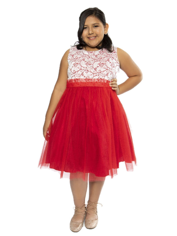 Big Girls Red Lace Tulle Plus Size Junior Bridesmaid Dress 14.5-20.5 SophiasStyle.com model 1