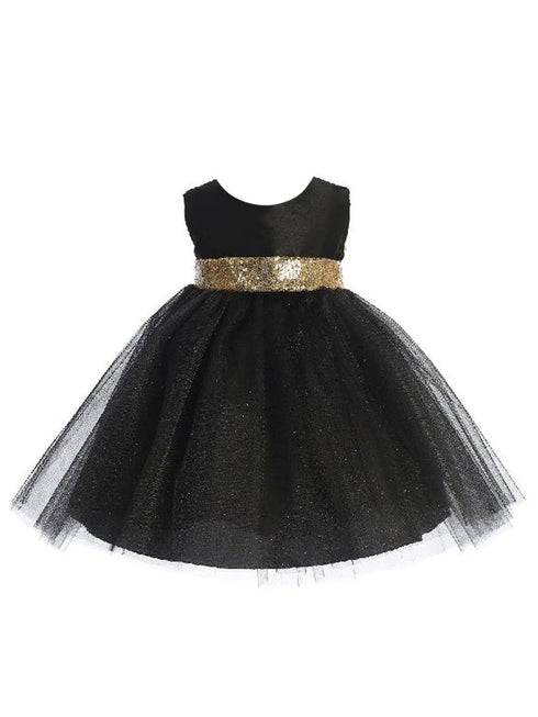 Baby Girls Black Gold Sequin Back Flower Girl Dress 6-24 Months front SophiasStyle.com