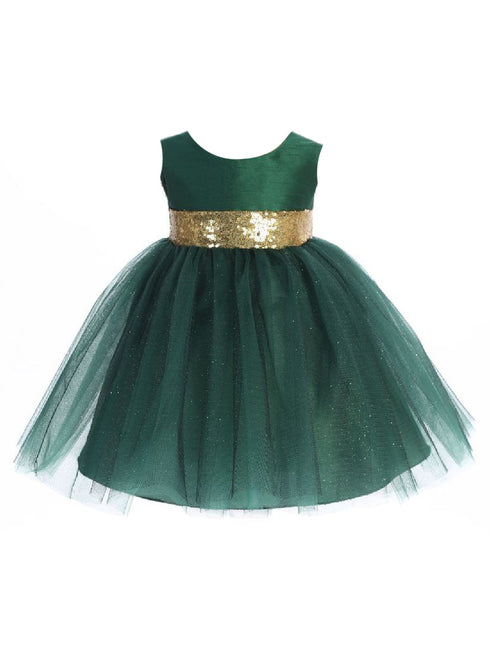 Baby Girls Green Gold Sequin Glitter Tulle Christmas Dress 6-24 Months front SophiasStyle.com