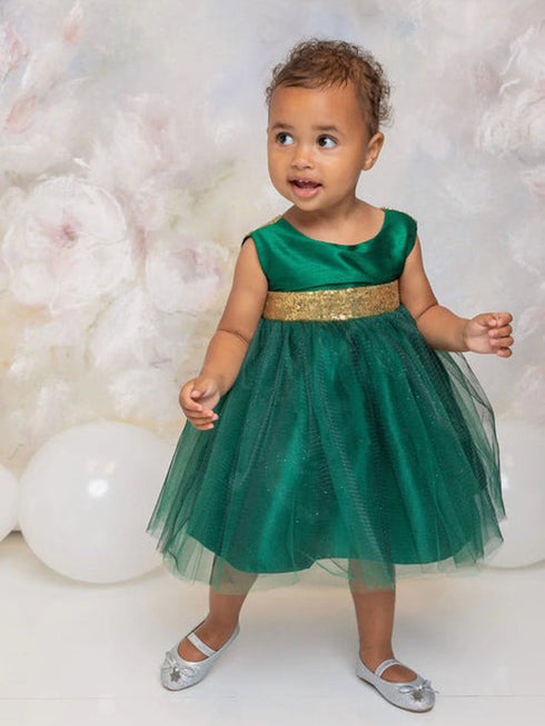 Baby Girls Green Gold Sequin Glitter Tulle Christmas Dress 6-24 Months model SophiasStyle.com