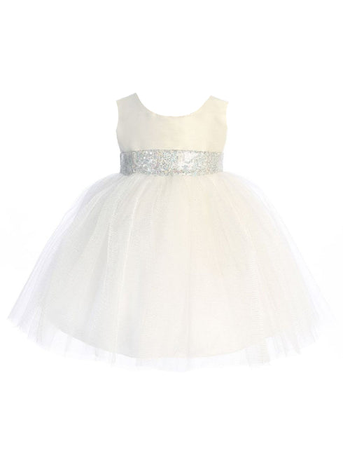 Baby Girls Off White Silver Sequin Glitter Tulle Flower Girl Dress 6-24 Months front SophiasStyle.com