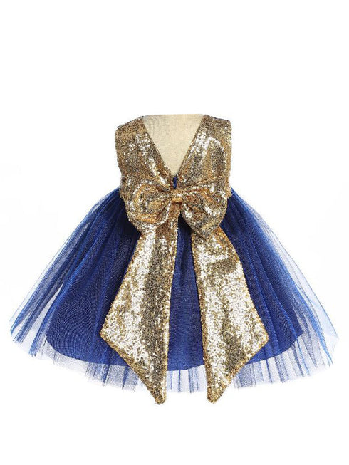 Baby Girls Royal Blue Gold Sequin Back Flower Girl Dress 6-24 Months backSophiasStyle.com