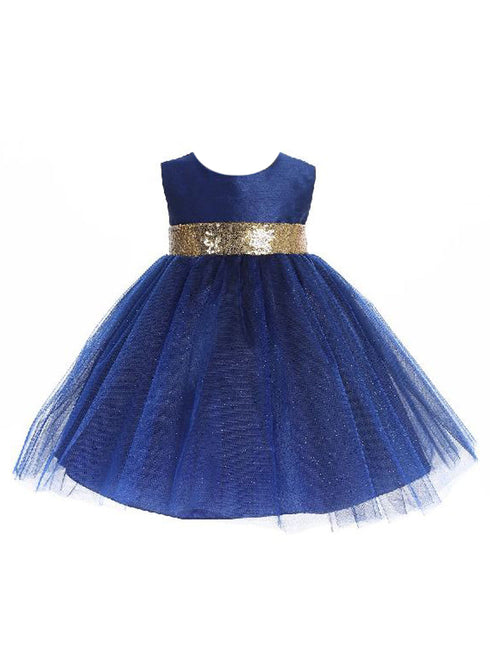 Baby Girls Royal Blue Gold Sequin Back Flower Girl Dress 6-24 Months front SophiasStyle.com