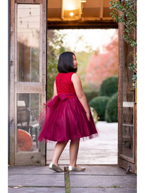 Big Girls Burgundy Tulle Velvet Trim Junior Bridesmaid Dress Plus Size 14.5-20.5 SophiasStyle.com back