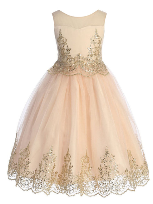 Girls Blush Gold Cording Embroidery Glitter Tulle Flower Girl Dress 4-14 - SophiasStyle.com