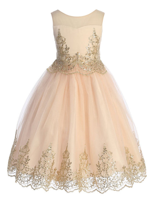 Girls Blush Gold Cording Embroidery Glitter Tulle Flower Girl Dress 4-14 - SophiasStyle.com